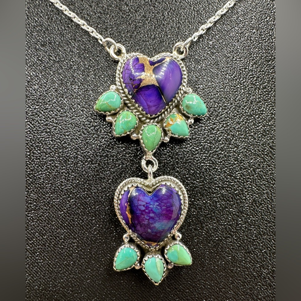 💜 Purple Mojave & Turquoise Heart-Shaped Pendant Necklace Sterling Silver 925